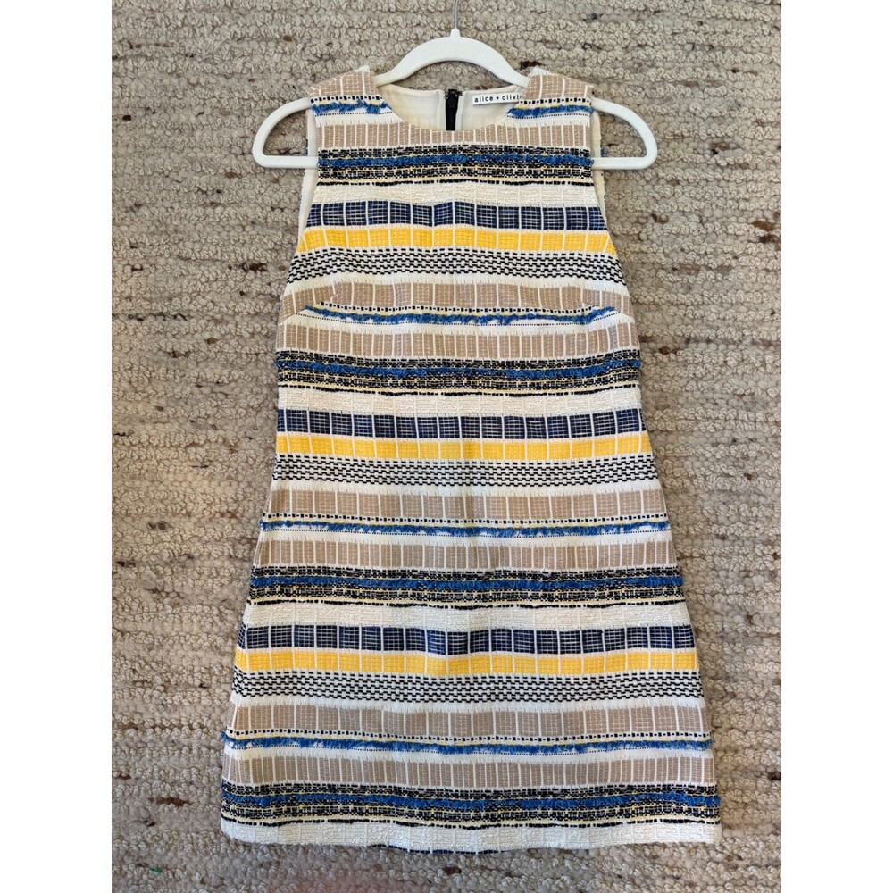 Alice + Olivia Dress Size 4 Sleeveless Tweed Textured A Line Blue Yellow Stripe